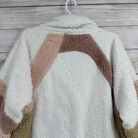 Free People Selma Cardi Colorblock Sherpa Cardigan Sweater Womens L White Brown - Picture 4 of 14
